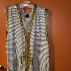 White and gold sequenced vest with tassels